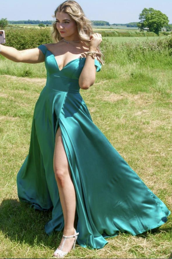 Green satin long A line prom dress simple evening dress      cg23451