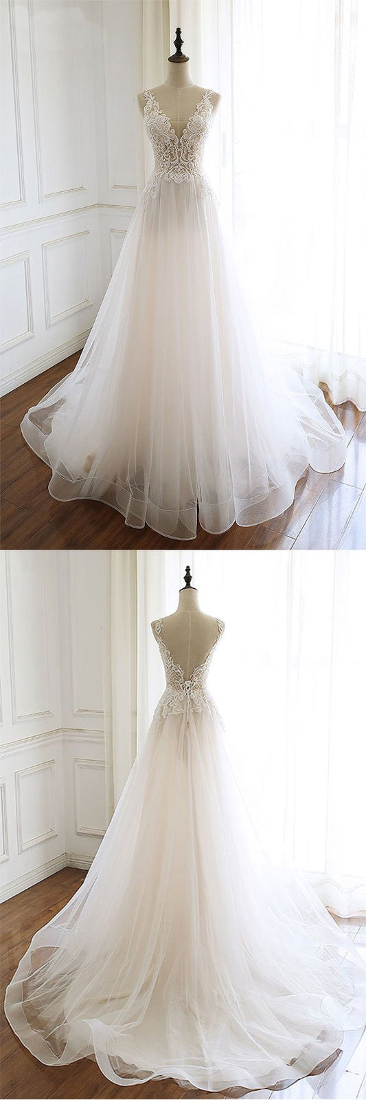 WHITE V NECK TULLE LACE LONG PROM DRESS, WHITE TULLE EVENING DRESS      cg23459