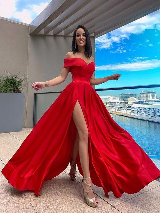 Red A-Line Sleeveless Off-the-Shoulder Satin Ruffles Sweep Train prom dress     cg23477