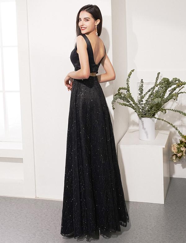 Two Piece Black Prom Dresses V Neck Evening Party Dresses Long cg2350