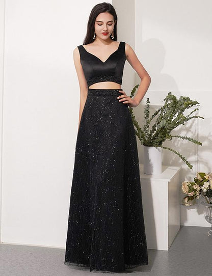 Two Piece Black Prom Dresses V Neck Evening Party Dresses Long cg2350