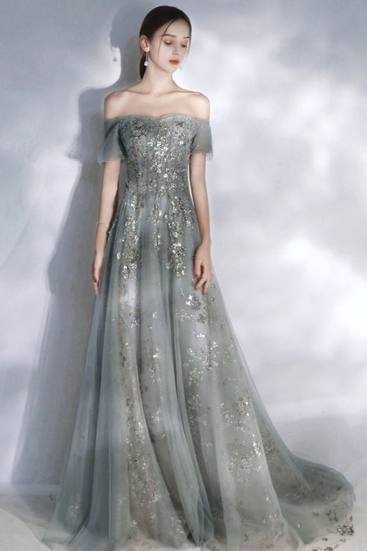 Sweetheart Neck Long Tulle Gray Dress, A Line Sequins Dress Prom Dress        cg23550