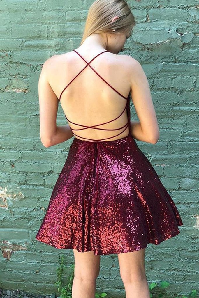 Backless Burgundy Homecoming Dress, Short Burgundy Formal Evening Dress     cg23560