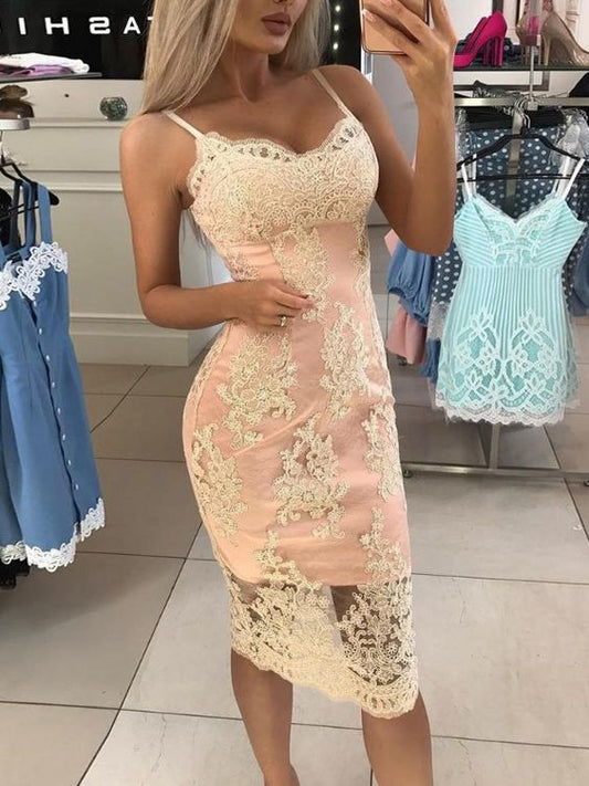 Spaghetti Strap Crochet Lace Overlay Bodycon Dress Homecoming Dresses       cg23578