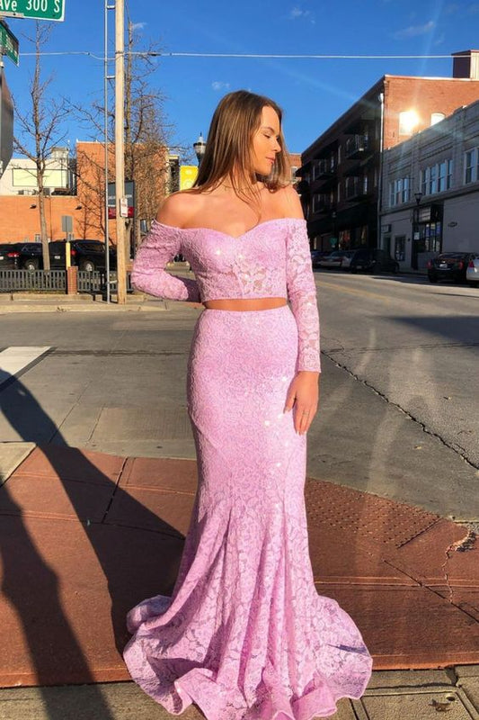 elegant pink off the shoulder lace long prom dress with long sleeves           cg23619