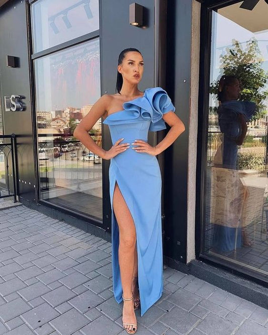 Sheath One Shoulder Blue Satin Ruffled Shoulder Slit Evening Dresses, Prom Party Dresses        cg23691