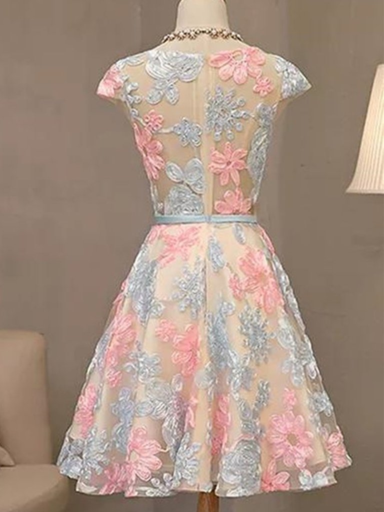 Cap Sleeves Colorful Lace Homecoming Dresses, Short Colorful Lace Formal Evening Dresses       cg23715