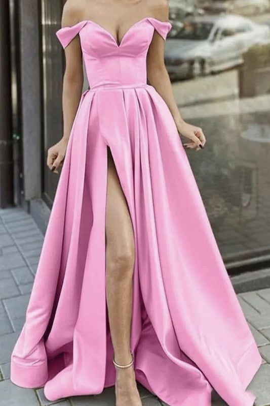 Elegant Off Shoulder Pink Satin Long Prom Dresses with High Slit    cg23754