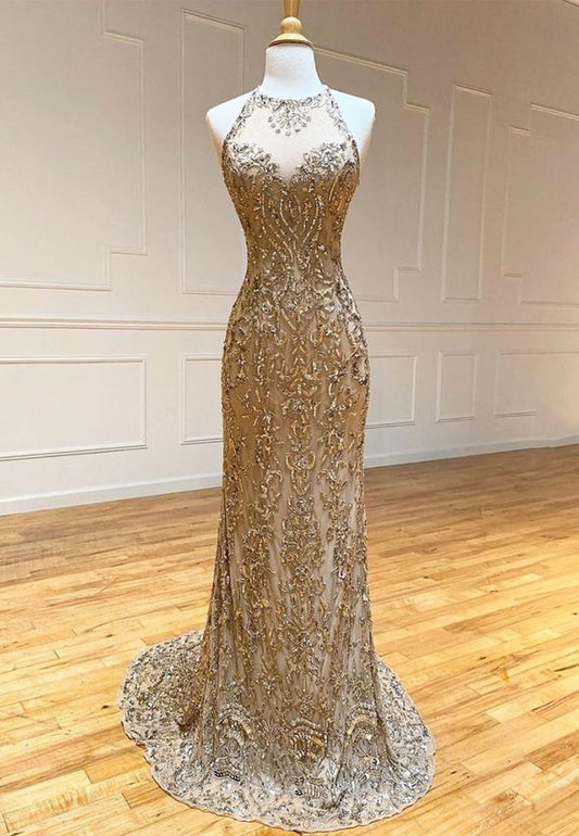 Gold sequins mermaid long prom dress     cg23756