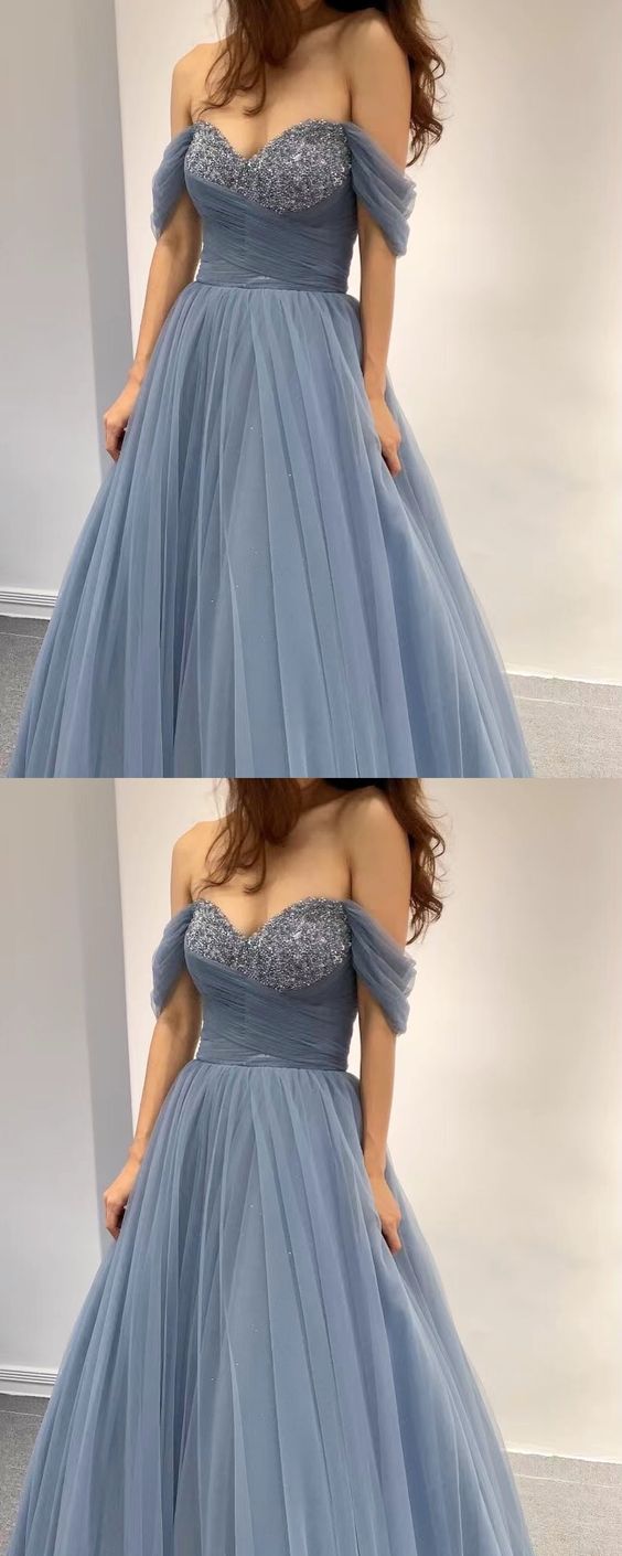 Dusty blue princess prom dresses tulle sweetheart corset off the shouldef for women        cg24016