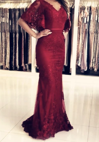 Modest Prom Dresses,Burgundy Lace Mermaid Evening Gown With Puffy Sleeves cg2402