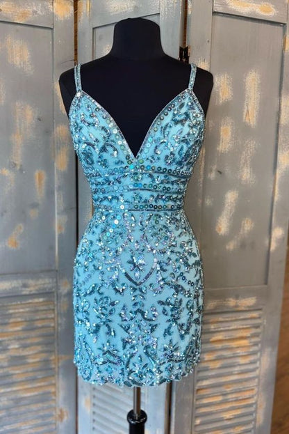 Tight Blue Sequins Short Homecoming Dress      cg24124