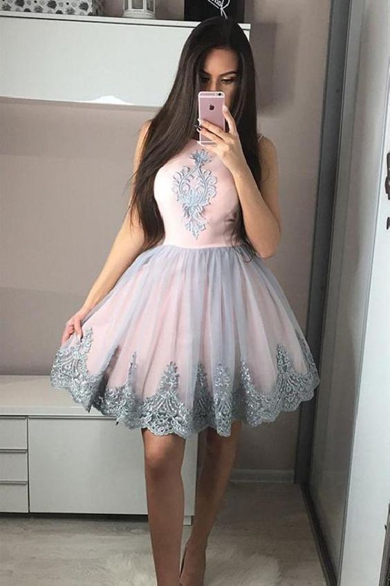 Pink round neck tulle lace short homecoming dress, homecoming dress cg245