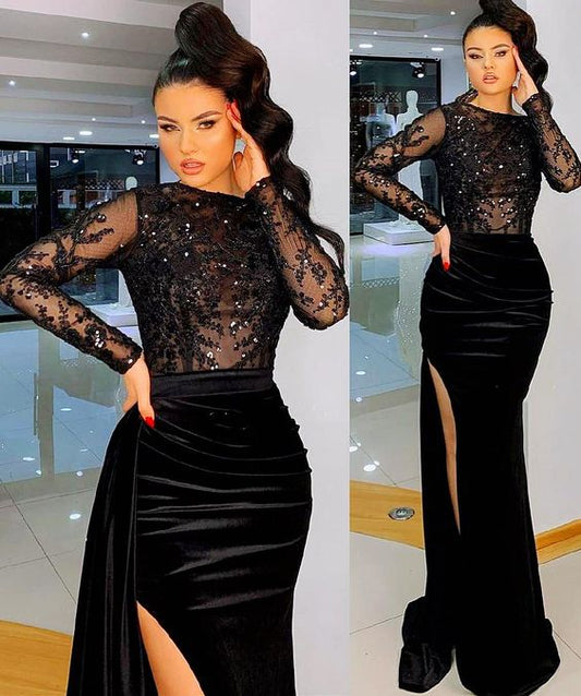 Sexy Prom Dresses Beaded High Split Velvet Evening Formal Party Second Reception Gowns Dress    cg24506