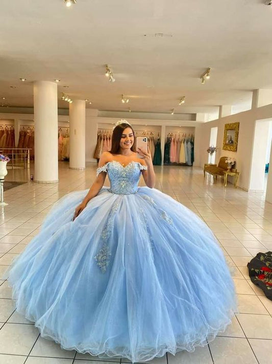 Stunning Prom Dresses Blue Lace Appliques Off Shoulder Tulle Wedding Dress Ball Gowns        cg24550