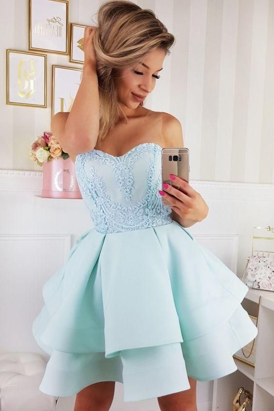 A-Line Sweetheart Short Tiered Satin Homecoming Dress with Appliques       cg24610