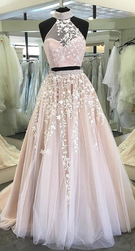 Two Piece Tulle Ball Gowns Quinceanera Prom Dresses Beaded High Neck With Lace Embroidery       cg2469