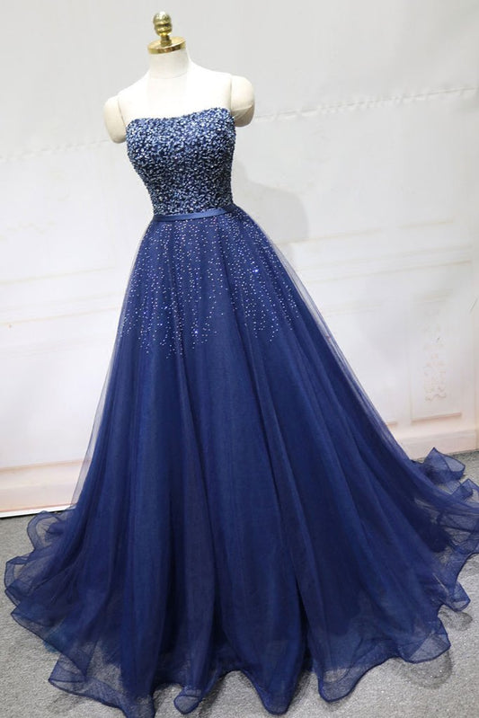 DARK BLUE TULLE SEQUIN LONG PROM DRESS, BLUE TULLE FORMAL DRESS cg2488