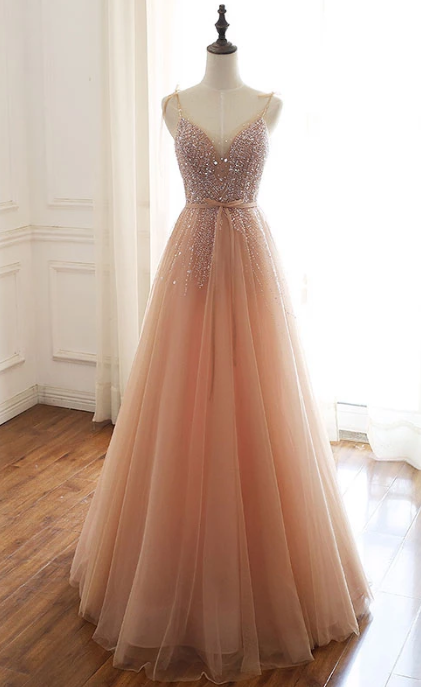 CHAMPAGNE TULLE BEADS SEQUIN LONG PROM DRESS, EVENING DRESS cg2503