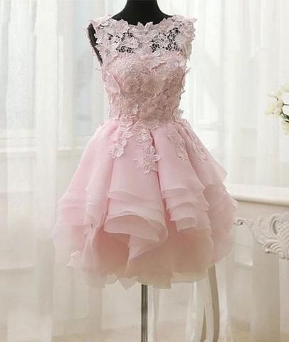 Pink Appliques Organza Tiered Short Homecoming Dress,Simple Homecoming Dresses cg260
