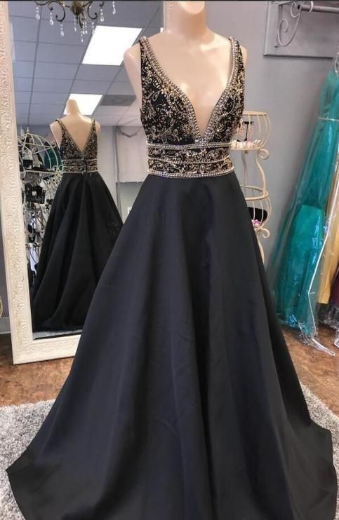 Black v neck beaded long prom dress, black evening dress cg2644