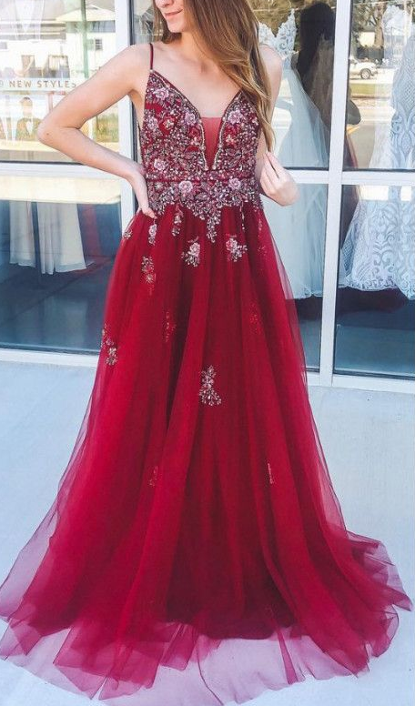 Charming V neck Open Back Red Tulle Long Prom Dress with Spaghetti Straps, Red Evening Dress cg2652