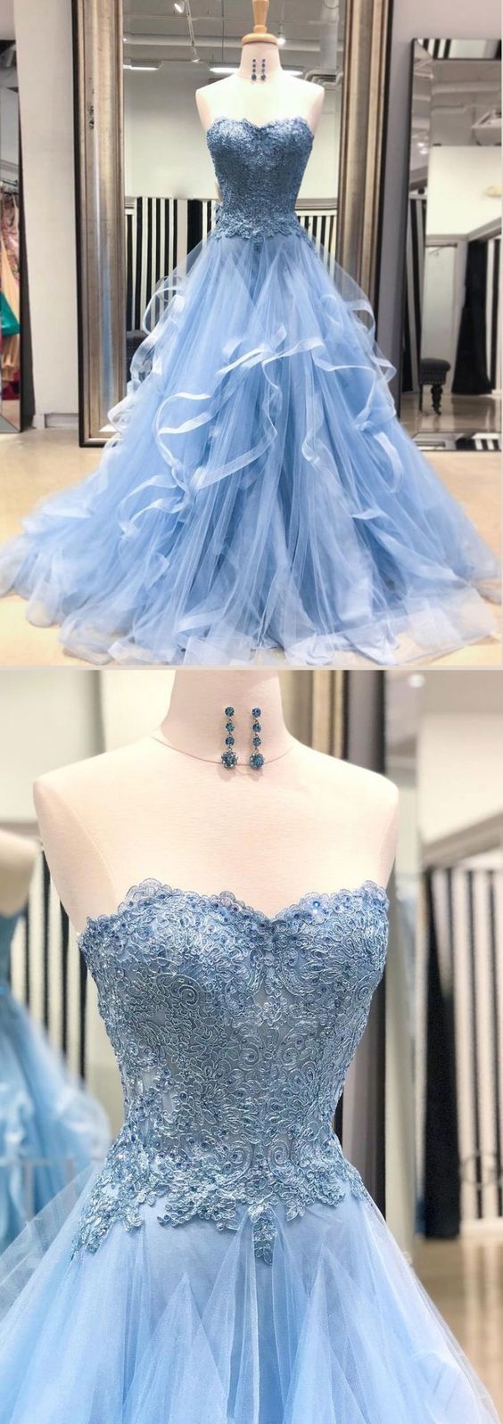 Chic Prom Dresses Sweetheart Sky Blue Ruffles Aline Lace Prom Dress  cg2673