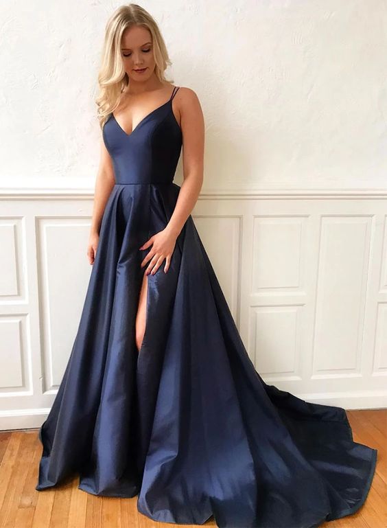 Simple blue v neck satin long prom dress, evening dress cg2744