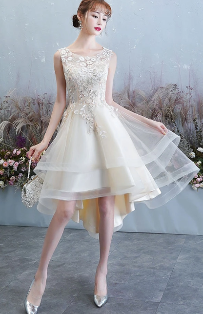 CHAMPAGNE TULLE LACE HIGH LOW  DRESS, HOMECOMING DRESS cg2748