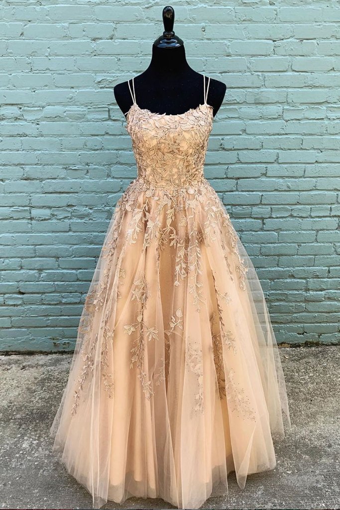 CHAMPAGNE TULLE LACE LONG PROM DRESS, CHAMPAGNE EVENING DRESS cg2755