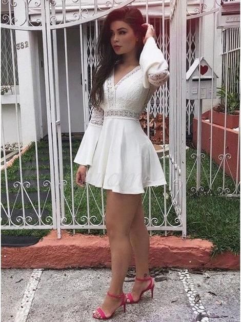 A-Line V-Neck Bell Sleeves Short White Homecoming Dress with Lace cg2762