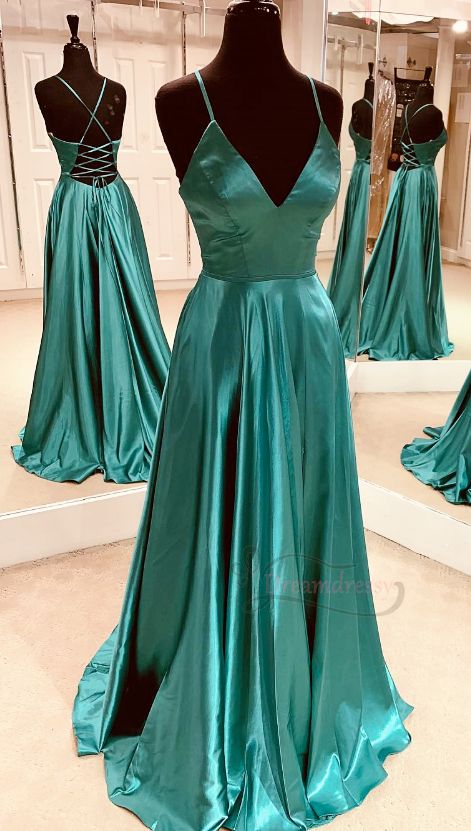 Simple A-line V Neck Teal Long Prom Dress with Lace Up Back cg2778