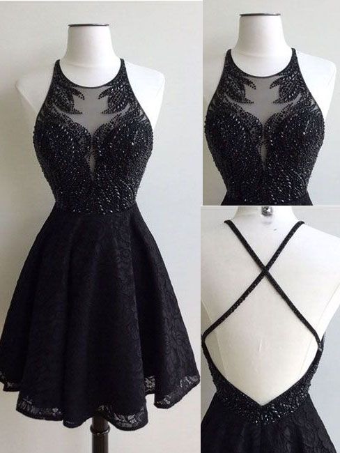 Black Lace Homecoming Dress - Beads Criss Back cg2784