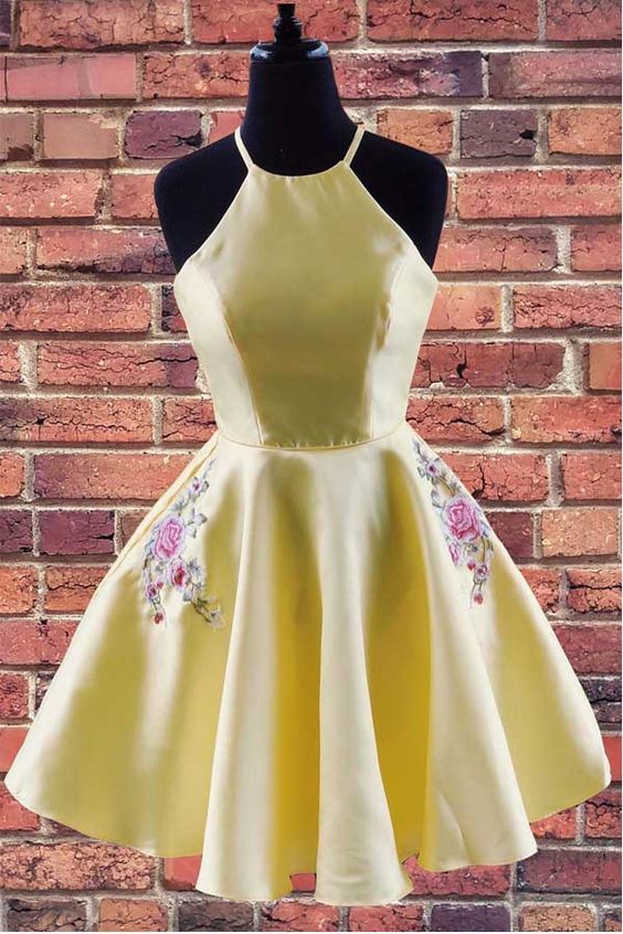 Halter Embroidered Yellow Satin Homecoming Dress with Pockets  cg2788