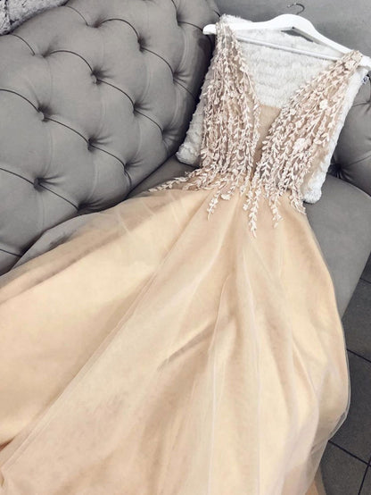 Champagne tulle lace long prom dress, champagne tulle formal dress cg2790