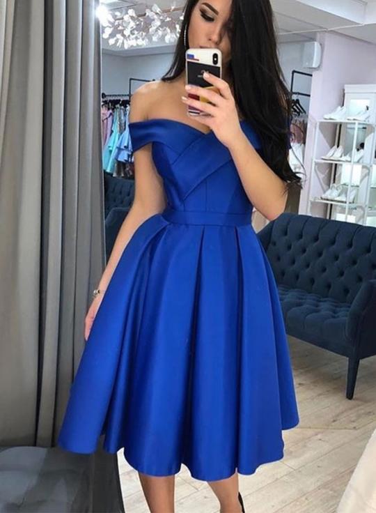 Simple blue satin short  dress, homecoming dress cg2794