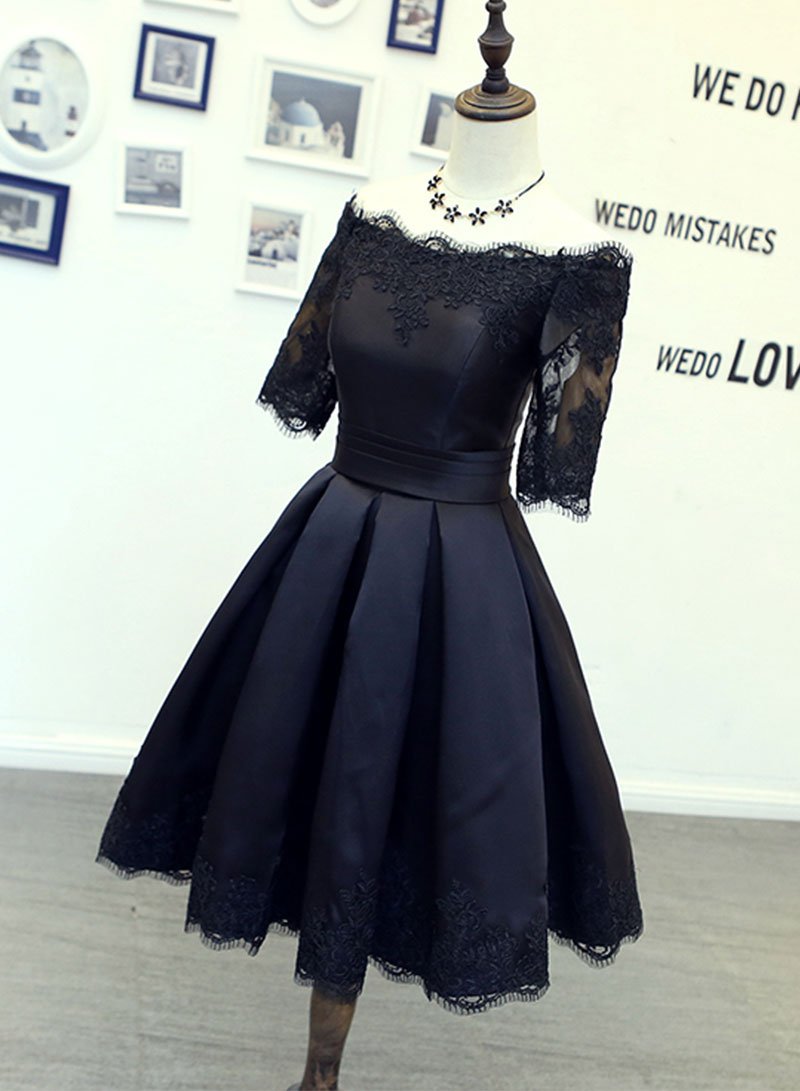 Black lace satin short dress, homecoming dress cg2795