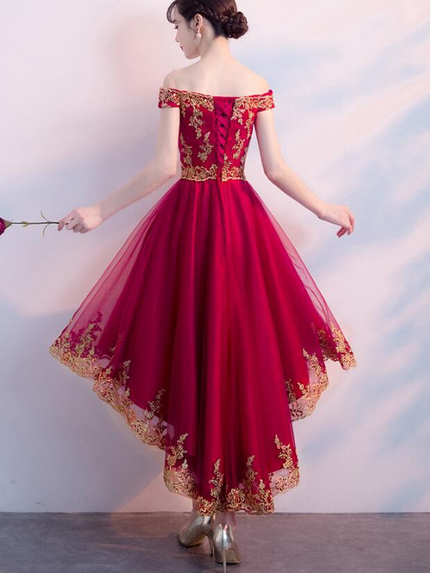 Dark Red Homecoming Dress 2019, High Low Off Shoulder Party Dress cg2796