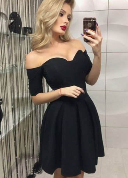 A-Line Off-the-Shoulder Short Sleeves Black Homecoming Cocktail Dress cg2799