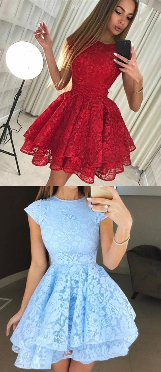 A-Line Round Neck Short Red Lace Homecoming Dress  cg2846