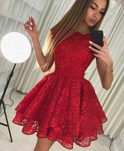 A-Line Round Neck Short Red Lace Homecoming Dress  cg2846
