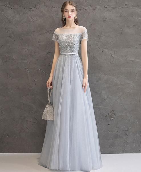 Gray tulle sequin long prom dress, gray tulle formal dress cg2872