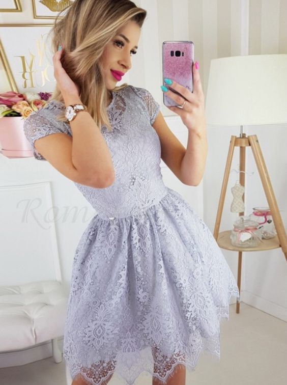 A-Line Crew Short Sleeves Above-Knee Lavender Lace Homecoming Party Dress cg2881