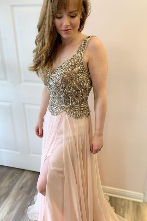 Elegant Beaded Pink Long Formal prom Dress with Slit cg2882