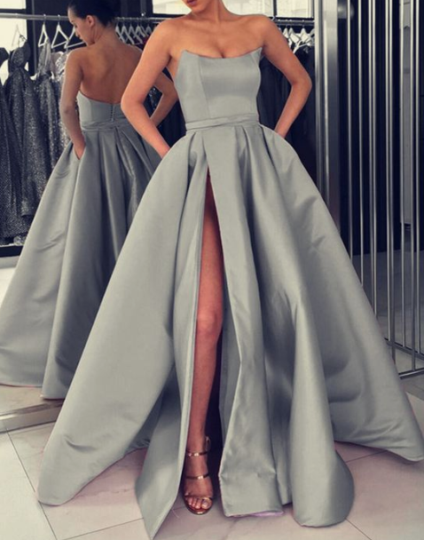 long silver prom dresses strapless corset satin split evening gowns cg2903
