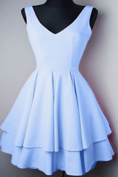 Pretty Short Satin V Neck Ruffle Homecoming Dresses Light Blue cg2905