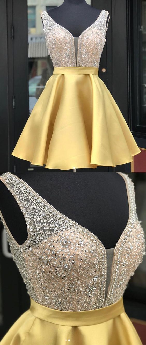Yellow v neck sequin short homecoming dress, yellow party dress cg292