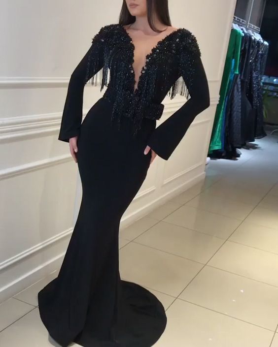 Black Tulle Long Sleeve Backless Jersey Mermaid Beaded Prom Dress  cg2929