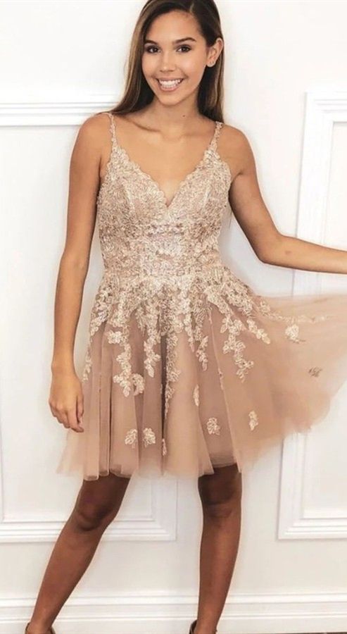A Line Spaghetti Straps Blush Homecoming Dress With Appliques Beading cg2932