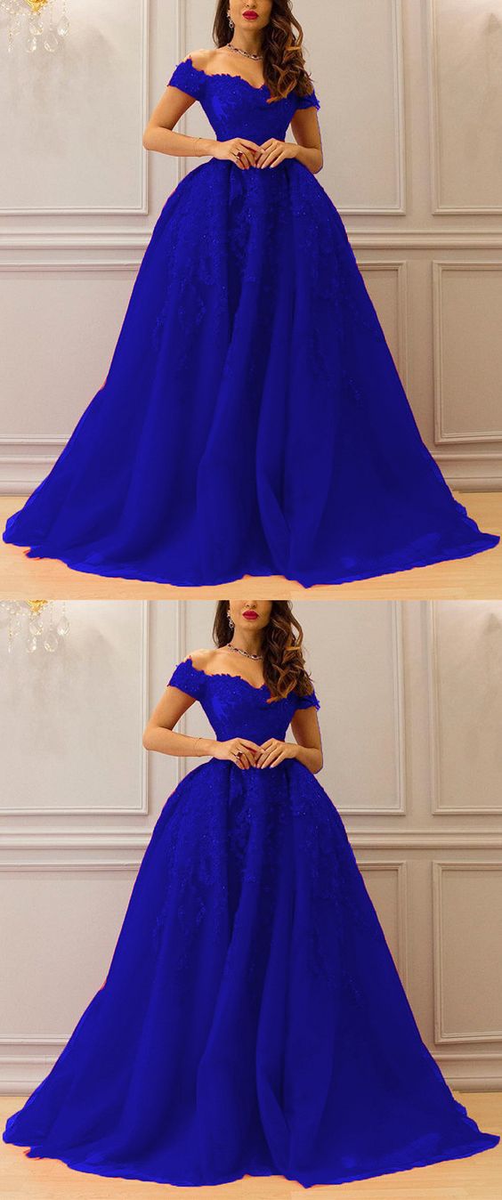 Royal Blue Sweetheart Tulle Off The Shoulder Prom Dresses Lace Appliques Evening Gowns cg3002